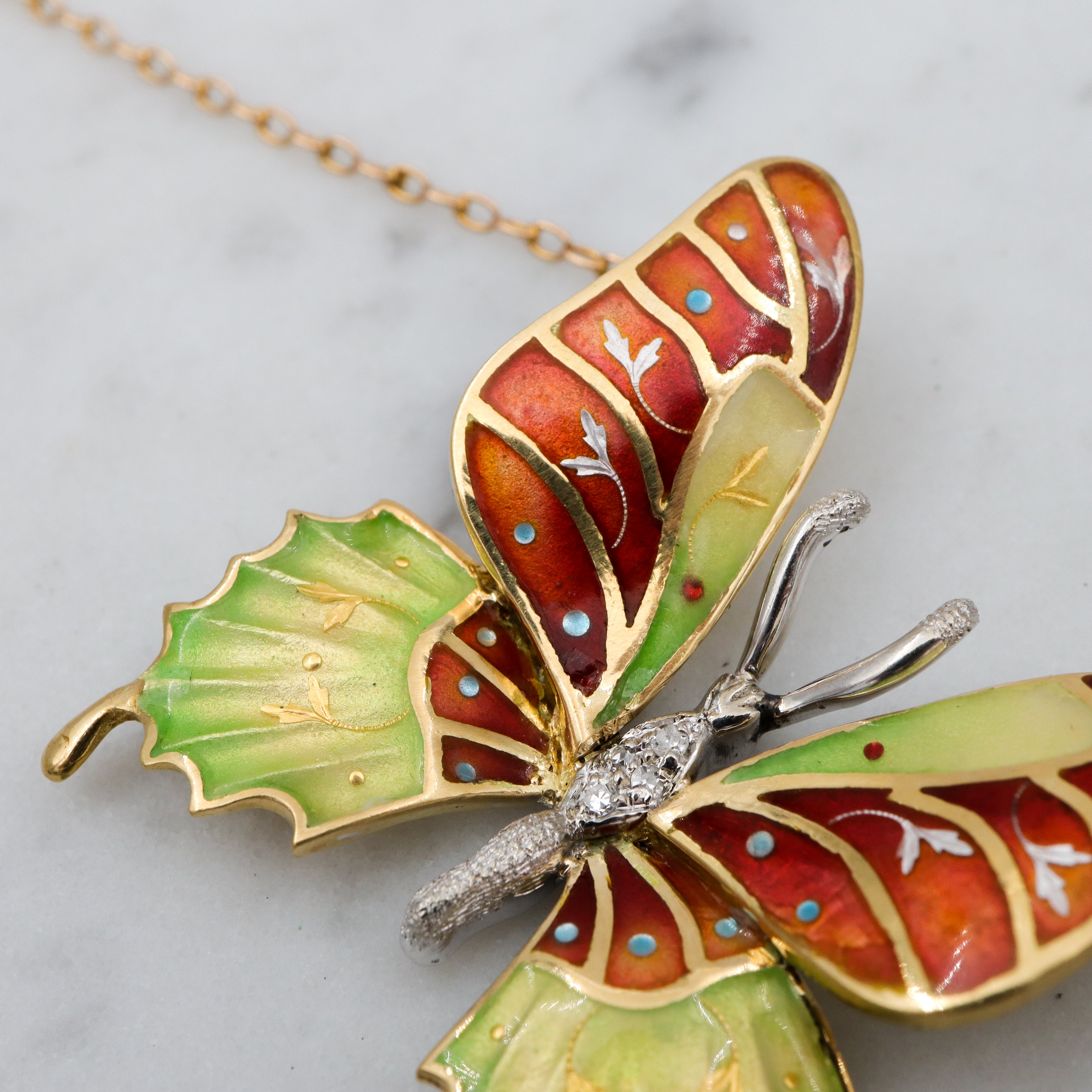 Antique 14k gold enamel & diamond butterfly pendant necklace